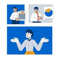 Diverse teamwork analytics 2D illustration concept. Marketing team. Multiracial coworkers analysis charts presentation cartoon characters isolated on white. Metaphor abstract flat graphic vector