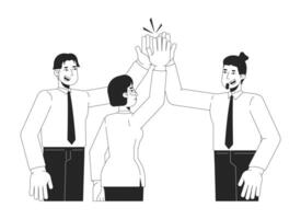 High five office workers colleagues linear illustration. Highfive teamwork. Cooperation teammates multiracial coworkers support 2D line characters isolated on white. Monochrome outline image vector