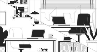 Empty workplaces for virtual meeting laptops black and white line illustration. Study rooms home offices tables 2D interior monochrome backdrop. Work from home. Telework notebooks desks outline vector
