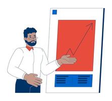 Black businessman demonstrating growth chart 2D cartoon character. African american salesman presenting financial graph isolated person flat on white background. Spot illustration colorful vector