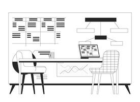 Company strategic planning presentation board table linear illustration. Data table, block diagram, stats charts. Laptop desk chairs 2D line scene isolated on white. Monochrome outline image vector