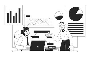 Diverse leaders discussing graphs black and white 2D illustration concept. Finance statistics. Chart analyzing cooperation colleagues outline characters isolated. Metaphor monochrome art vector