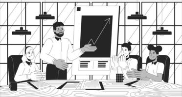 Celebrating company revenue growth black and white line illustration. Team colleagues clapping with manager 2D characters monochrome background. Recognizing business achievements outline image vector