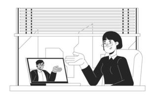 HR manager conducting interview through call black and white 2D line characters. Videoconferencing job applicant and employer isolated outline people. Monochromatic spot illustration vector