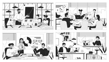 Teamwork meetings black and white line illustrations set. Multicultural team 2D characters monochrome backgrounds. Briefing coworkers. Collaboration colleagues outline scenes images collection vector