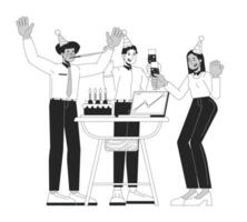 Celebrating company success linear illustration. Business anniversary party. Diverse colleagues cheer with cake laptop chart 2D line characters isolated on white. Monochrome outline image vector