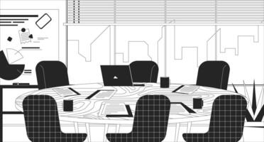 Round conference room table in empty office black and white line illustration. Meeting briefing 2D interior monochrome backdrop. Paperwork, coffee cups, laptop. Workplace furniture outline vector