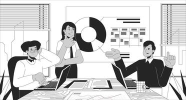 Multiracial team brainstorming black and white line illustration. Sharing colleagues office presentation graph 2D characters monochrome background. Woman leader male coworkers outline image vector