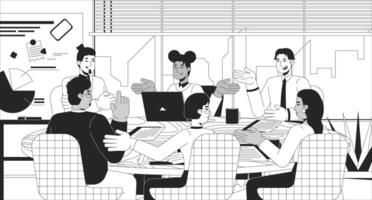 Successful roundtable discussion black and white line illustration. Negotiating team colleagues 2D characters monochrome background. Diverse coworkers at round table brainstorming outline image vector