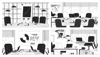 Boardroom table meeting room black and white line illustrations set. Desk presentation chart 2D interiors monochrome backgrounds. Workplace office. Business startup outline images collection vector