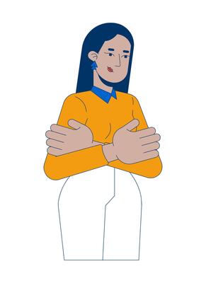 Indian female office worker arms folded 2D cartoon character. South asian woman employee business casual crossed arms isolated person flat on white background. Spot illustration colorful
