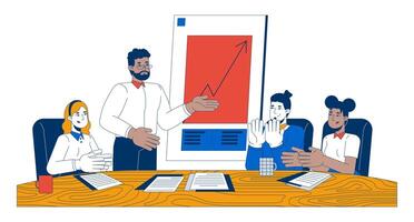 Team members clapping company revenue growth 2D cartoon characters. Celebrating startup achievement. Diverse colleagues isolated people flat on white background. Spot illustration colorful vector