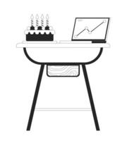 Laptop chart with party cake on table black and white 2D line object. Celebrating revenue target. Company milestones celebration isolated clip art outline item. Monochromatic spot illustration vector