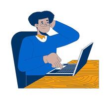 Confused hispanic office worker clicking keyboard laptop 2D cartoon character. Scratching head latino man in business casual isolated person flat on white background. Spot illustration colorful vector