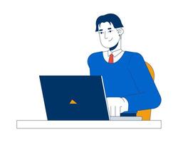 Corporate korean young adult man typing laptop 2D cartoon character. Asian millennial office worker using notebook isolated person flat on white background. Spot illustration colorful vector