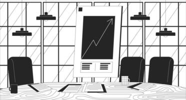 Arrow upward growing whiteboard conference room black and white line illustration. Rise chart presentation business meeting empty 2D interior monochrome backdrop. Chairs mugs paperwork outline vector