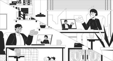 Virtual meeting remote employees black and white line illustration. Diverse coworkers working remotely 2D characters monochrome background. conferencing laptops home offices outline image vector