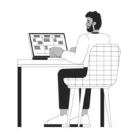 Business casual black man typing laptop with data table black and white 2D line character. African american employee working notebook isolated outline person. Monochromatic spot illustration vector