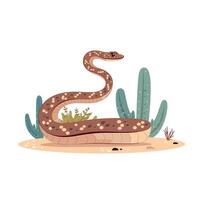 Brown snake resting near cacti in a desert landscape under sunny skies and surrounded by foliage vector
