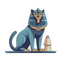 Statue of a regal cat with a pharaoh's headdress and ancient monument in a stylized design vector