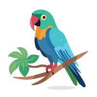 Colorful parrot perched on a branch with green leaves in a tropical setting during daytime vector