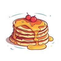 Delicious stack of fluffy pancakes topped with syrup and cherries on a plate vector