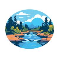 Flowing river surrounded by lush greenery and mountains under a bright blue sky during daytime vector