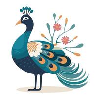 Colorful peacock stands elegantly amidst blooming flowers in a whimsical garden setting vector