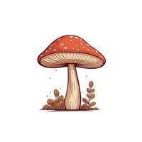 Bright red mushroom with white spots growing in a natural setting surrounded by small plants and foliage vector