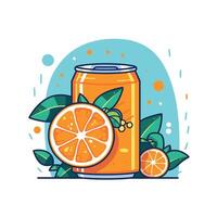 Refreshing orange soda can surrounded by vibrant citrus fruits and green leaves in a bright setting vector