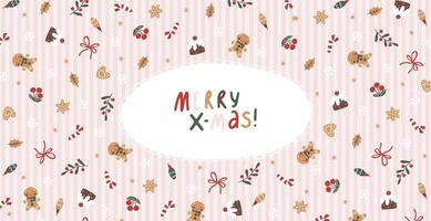 A playful hand-drawn Christmas card with a soft pink striped background. Featuring festive doodle elements and the message Merry X-mas. Perfect for sending holiday cheer and warm wishes vector