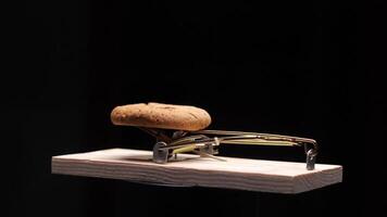 Mousetrap with cookie bait waiting on black background video