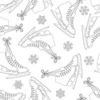 Winter figure ice skates and snowflakes seamless pattern black contour drawing on white background. Outline. Wrapping paper for children coloring. illustration vector