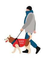 Blind Man Wearing Warm Clothes Walks Outside With Guide Dog Assistance. Cold Weather. Flat Style Illustration Isolated On White Background vector