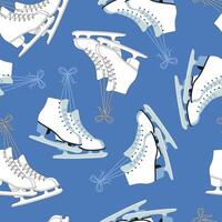 Beautiful Seamless Pattern Of White Pair Of Ice Figure Skates On Blue Background. Great For Wrapping Paper, Textile Decor. Mixed Flat Style And Outline. illustration vector