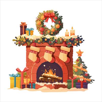 A brick fireplace decorated for Christmas with socks, a Christmas tree, a wreath and candles. Cozy interior with fireplace. Isolated on a white background