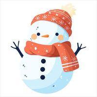 A snowman in an orange hat and an orange scarf decorated with snowflakes. Isolated on a white background vector