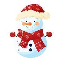 A snowman in a red hat and a red scarf decorated with snowflakes. Isolated on a white background vector
