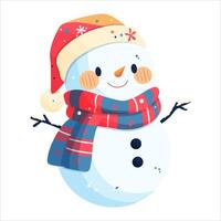 A snowman in a red hat and a blue scarf decorated with snowflakes. Isolated on a white background vector