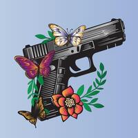 glock 17 gun with flowers and butterfly vector