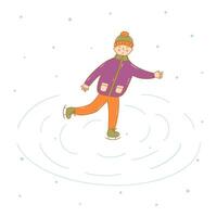 Happy boy skating on ice. Winter fun. Snowing. vector