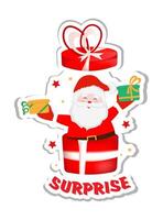 Sticker with cute Santa Claus in gift box. Colorful new year design for social media communication, networking, website badges, greeting cards, posters and more. vector