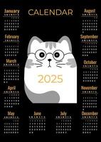 Calendar for 2025 with cute white cat on black background. Week starts on Sunday. Illustration in vertical format A4, A5. vector