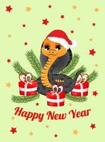 New year greeting card with symbol of the 2025 year. Cute snake with gifts on green background. Design for print, poster, social media communication. vector