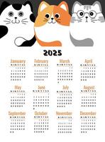 Calendar for 2025 with cute cats on white background. Week starts on Monday. Illustration in vertical format A4, A5. vector