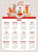 Calendar for 2025 with cute gnome sitting with gifts. Week starts on Monday. Illustration in vertical format A4, A5. vector