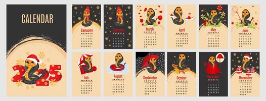 Calendar for 2025 with symbol of the year snake. Cute little cobra in cartoon style. Week starts on Sunday. A set of 12 pages and cover in size A3, A4, A5. illustration in vertical format. vector