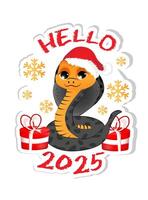 Sticker with symbol of the 2025 year. Cute snake with gifts. Colorful design for social media communication, networking, website badges, greeting cards. vector