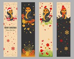 Set of bookmarks with symbol of 2025 year snake. Cute little grey cobra in different seasons. vector