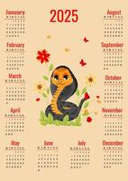 Calendar for 2025 with symbol of the year. Cute snake on orange background. Week starts on Monday. Illustration in vertical format A4, A5. vector